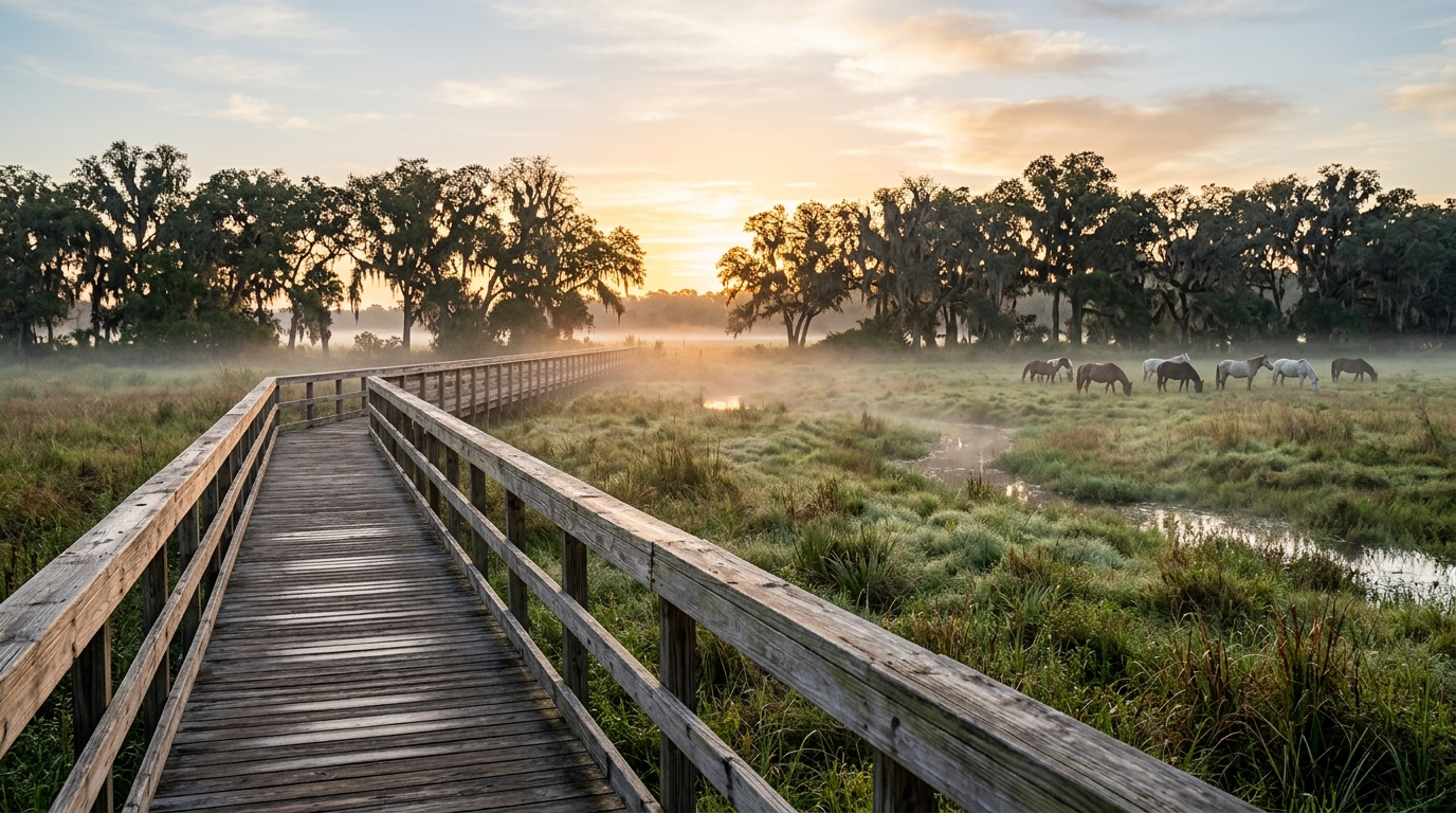 Boardwalk trail through Paynes Prairie, one of the best things to do in Gainesville FL at sunrise near La Chua.