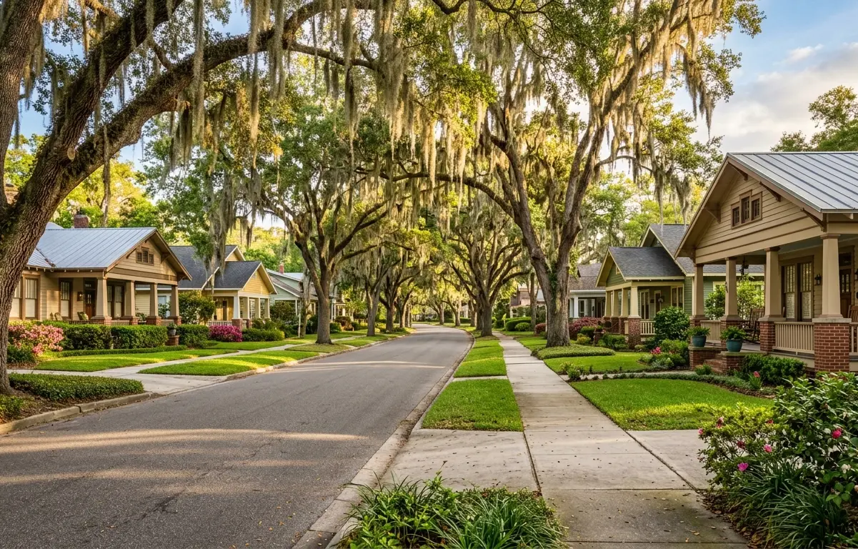 Best neighborhoods in Jacksonville FL showing historic residential street with live oak trees and craftsman homes