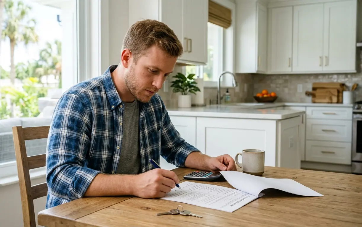 Florida homebuyer carefully reviewing closing disclosure document showing itemized Florida closing costs for buyers in 2026 