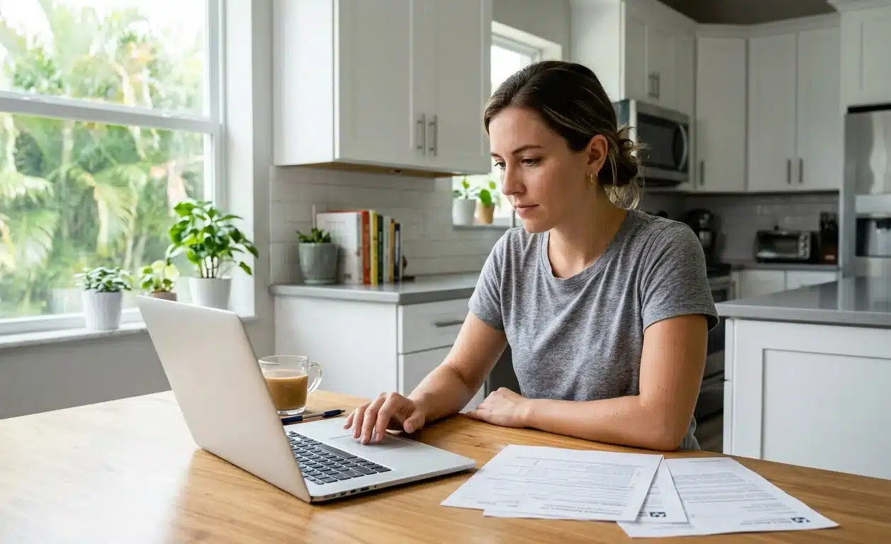 Florida homeowner completing homestead exemption online application with required documents at kitchen table 