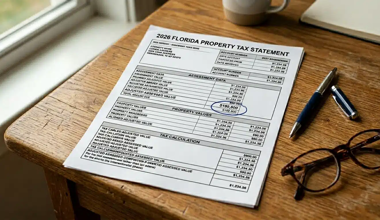 Florida property tax statement showing reduced assessed value from homestead exemption application saving homeowners money 