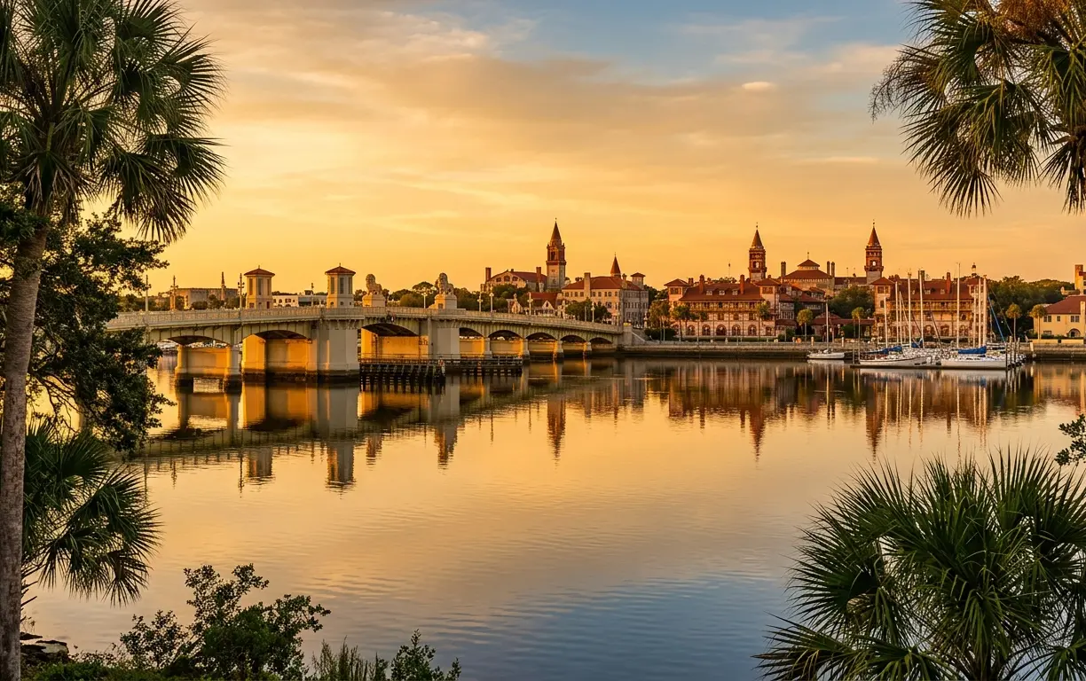Moving to St. Augustine FL historic district waterfront showing Bridge of Lions and Matanzas River at golden hour
