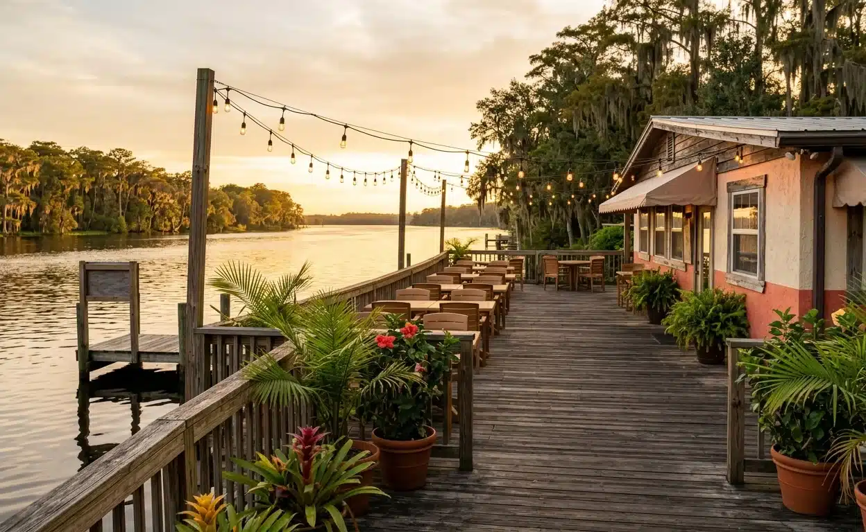 Charming waterfront restaurant in Palatka Florida with outdoor deck on St. Johns River showing local dining things to do in 2026