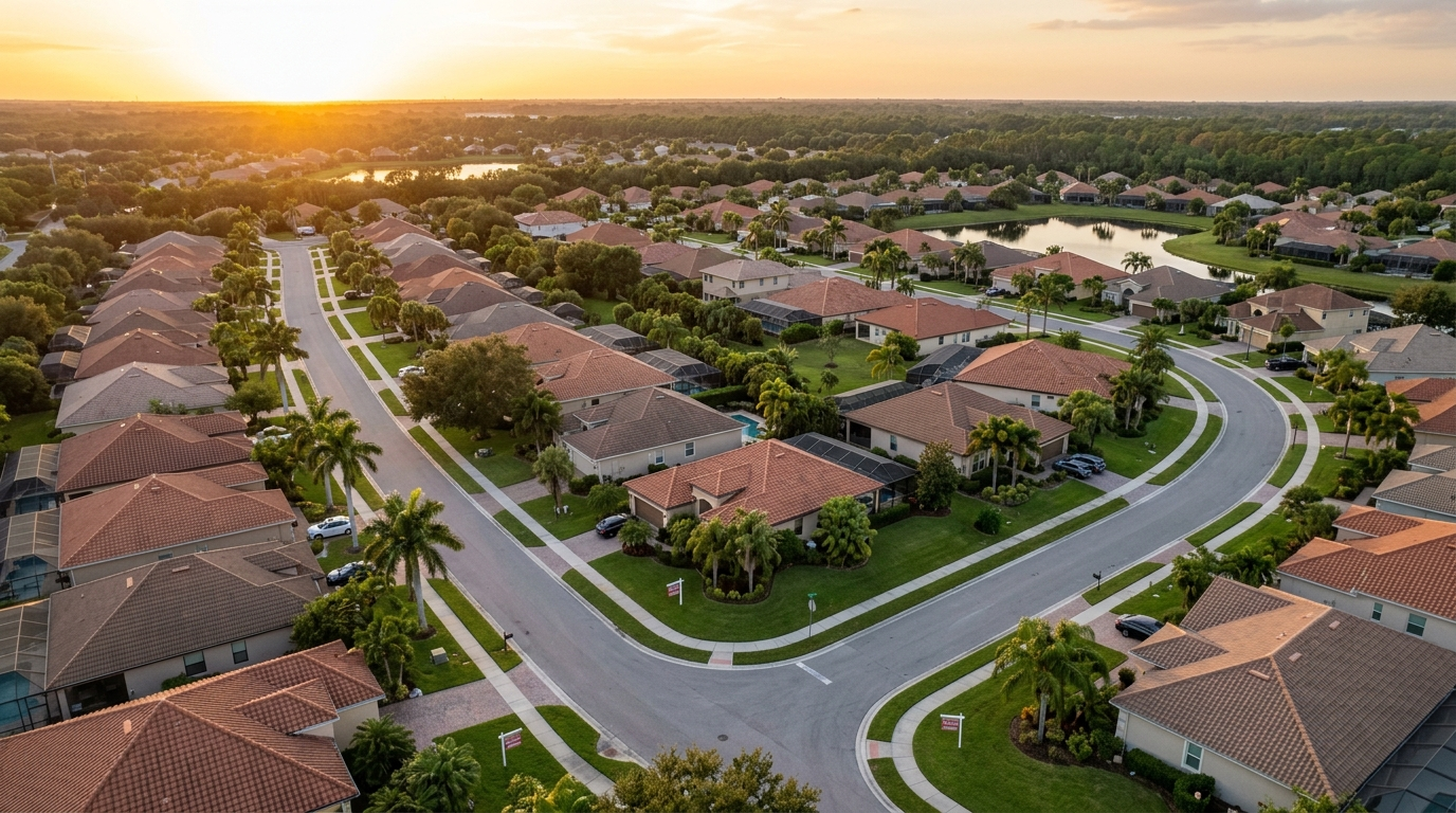 Aerial view of a Florida residential neighborhood representing the local housing market