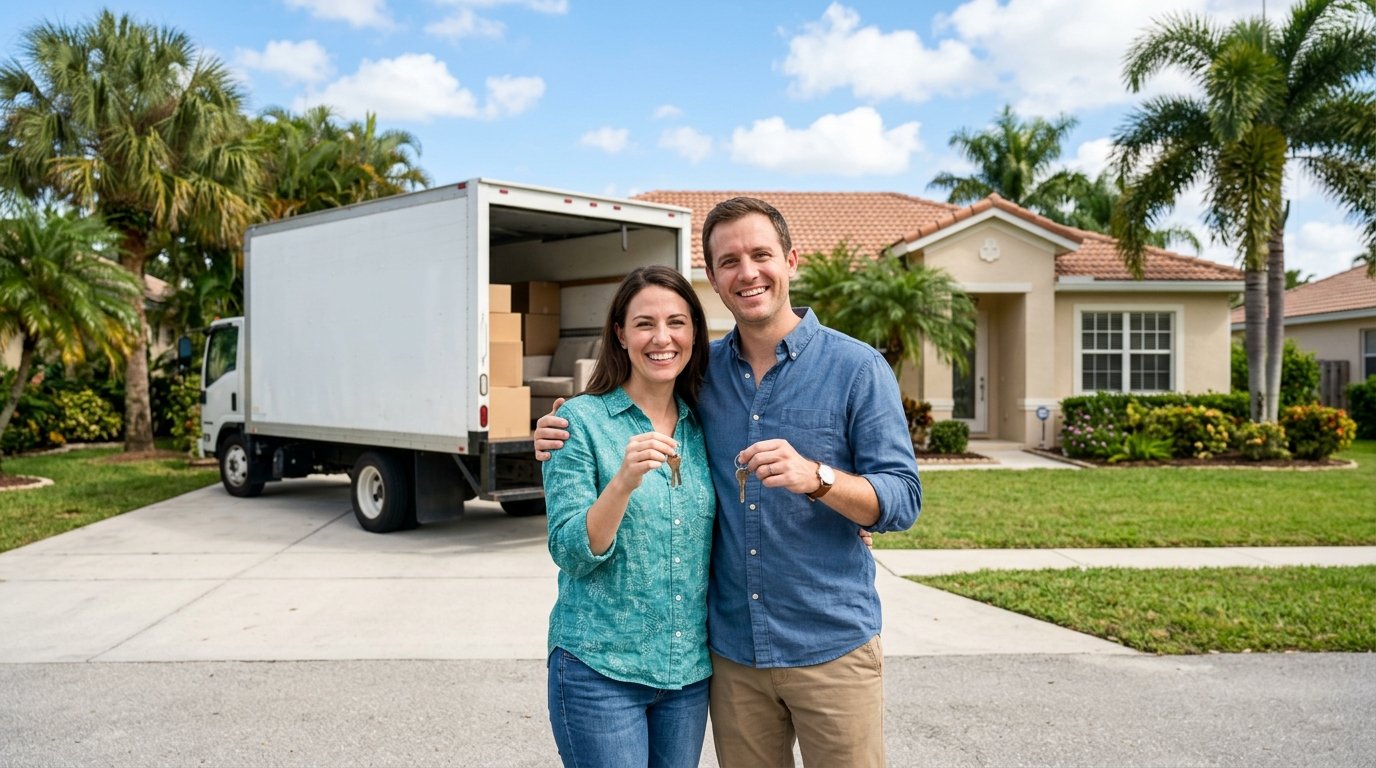Couple standing in front of a moving truck outside their new Florida home after relocating from out of state