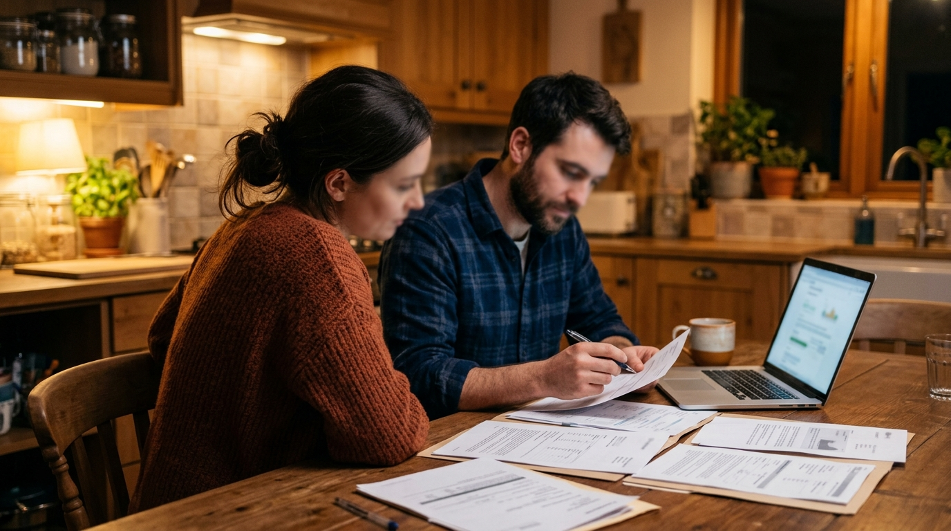 Couple reviewing home loan documents and budgeting for a mortgage