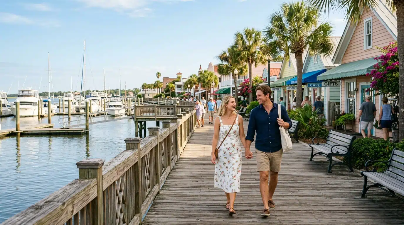 Couple walking along a waterfront boardwalk in Fernandina Beach the historic coastal town in Nassau County 