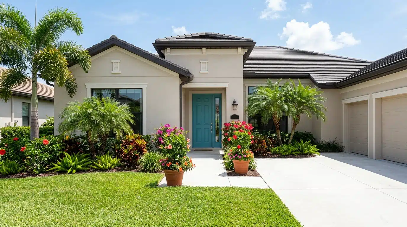Well-maintained Florida home exterior with fresh landscaping clean driveway and staged front entry for sale