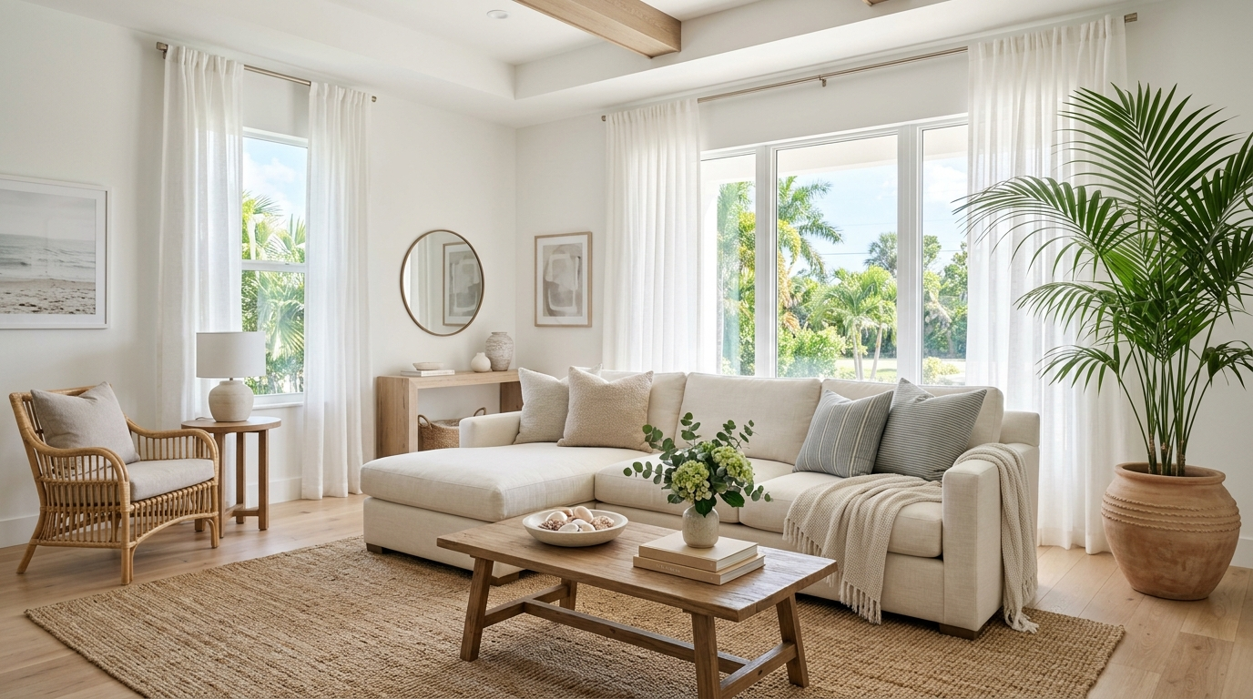 Beautifully staged Florida living room with neutral furniture potted plant and natural light for a home sale