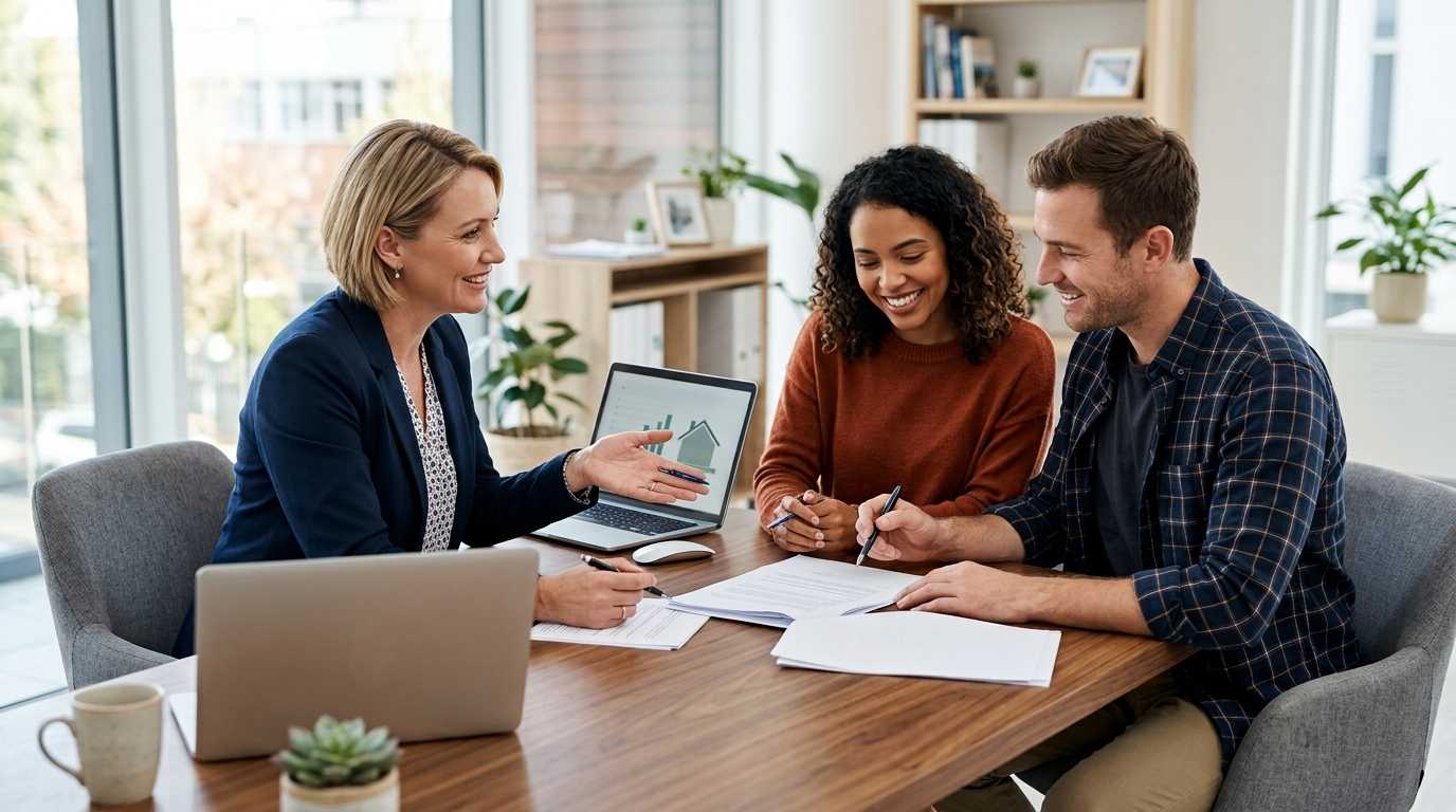 Lender reviewing first-time homebuyer programs paperwork with couple