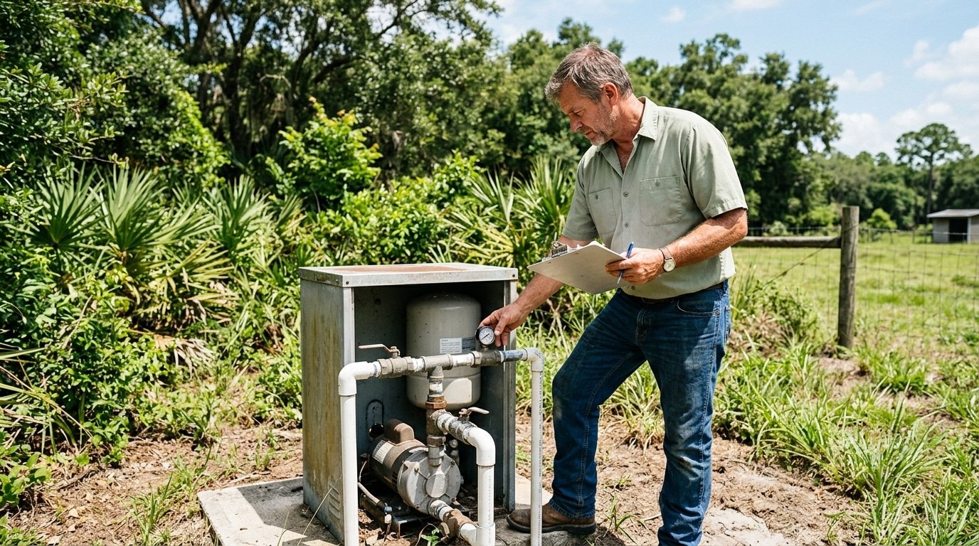 Buyer inspecting a private well pump on a rural Florida property before making a purchase offer