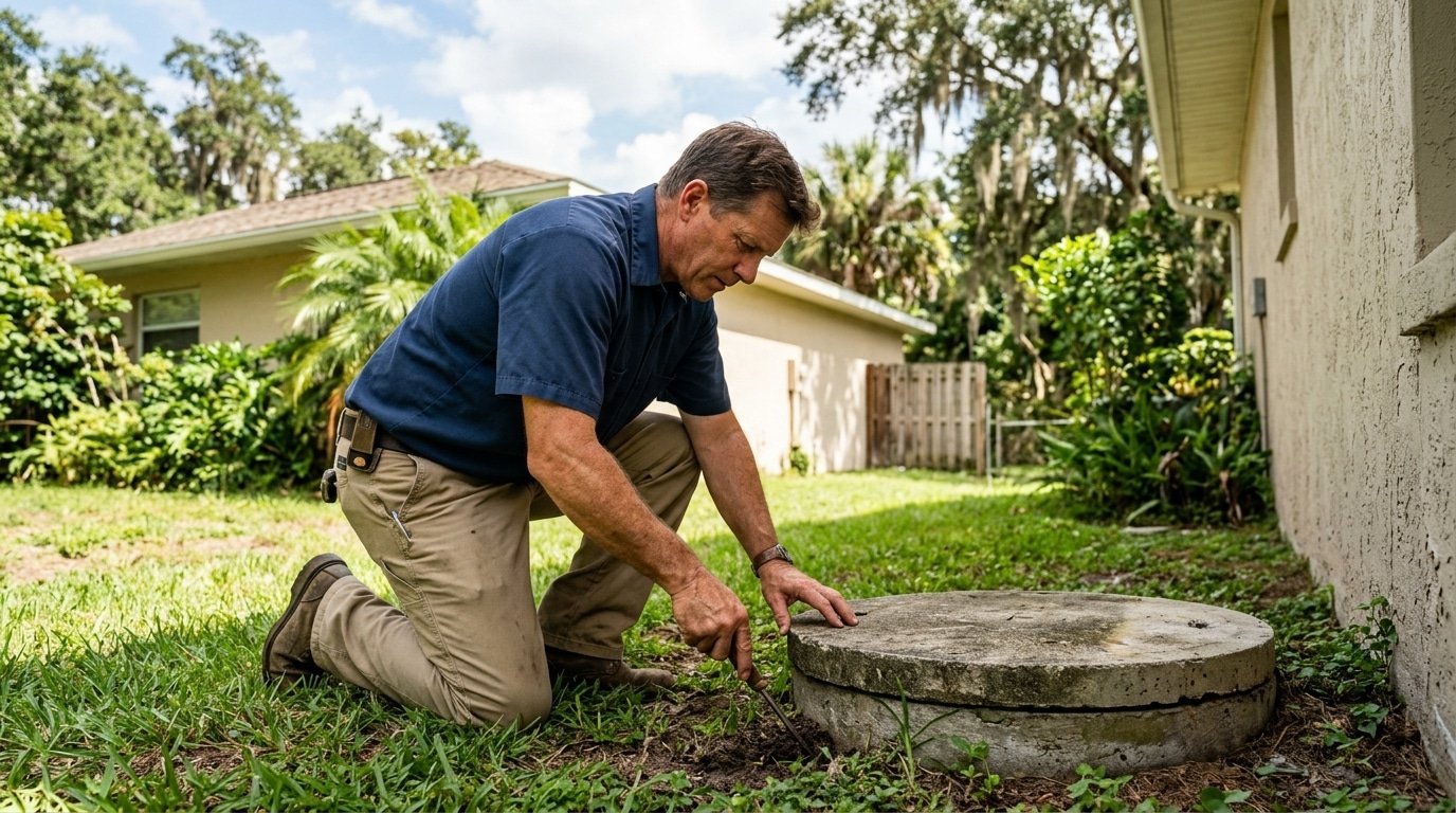 Home inspector examining rural Florida property septic system and foundation during a buyer inspection visit