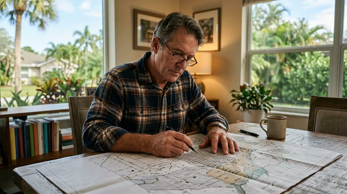 Homebuyer reviewing a FEMA flood zone map before purchasing property in Nassau County Florida coastal area