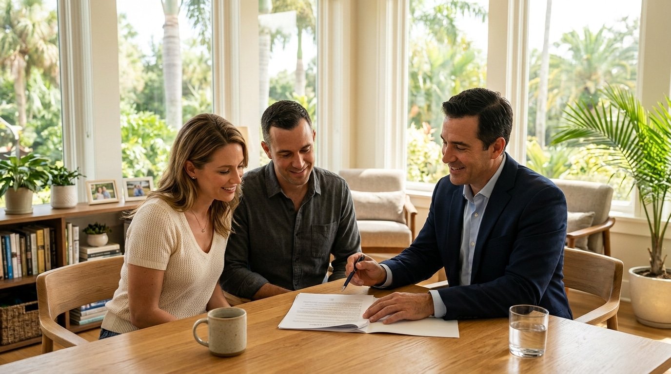 Real estate agent reviewing a seller disclosure document with a home buying couple in a Florida office