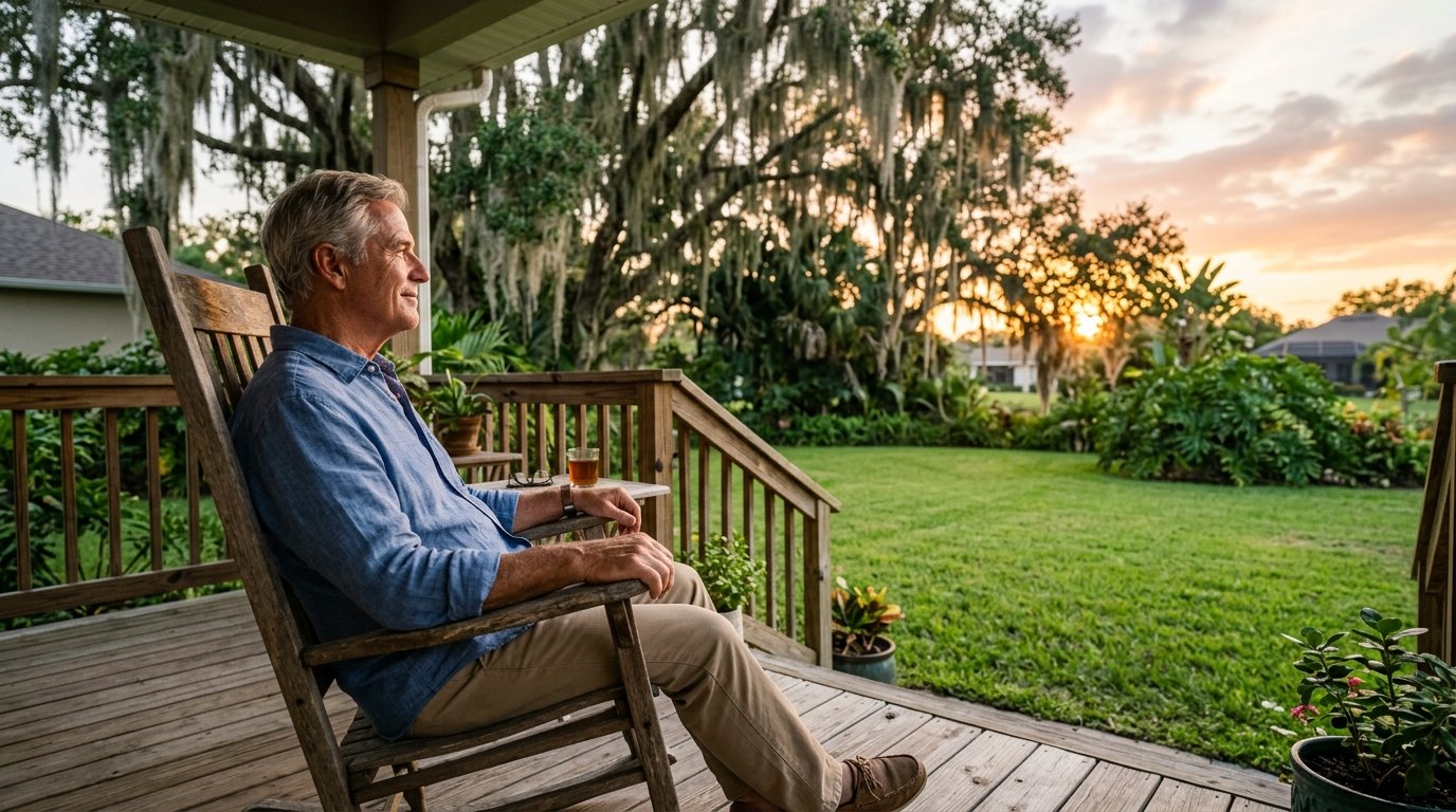 Man relaxing on a Florida porch at sunset surrounded by oak trees enjoying the outdoor lifestyle of the South
