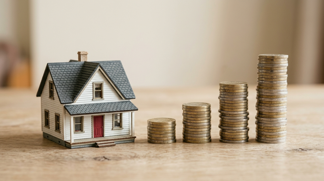 Model house next to stacked coins symbolizing rising mortgage payments