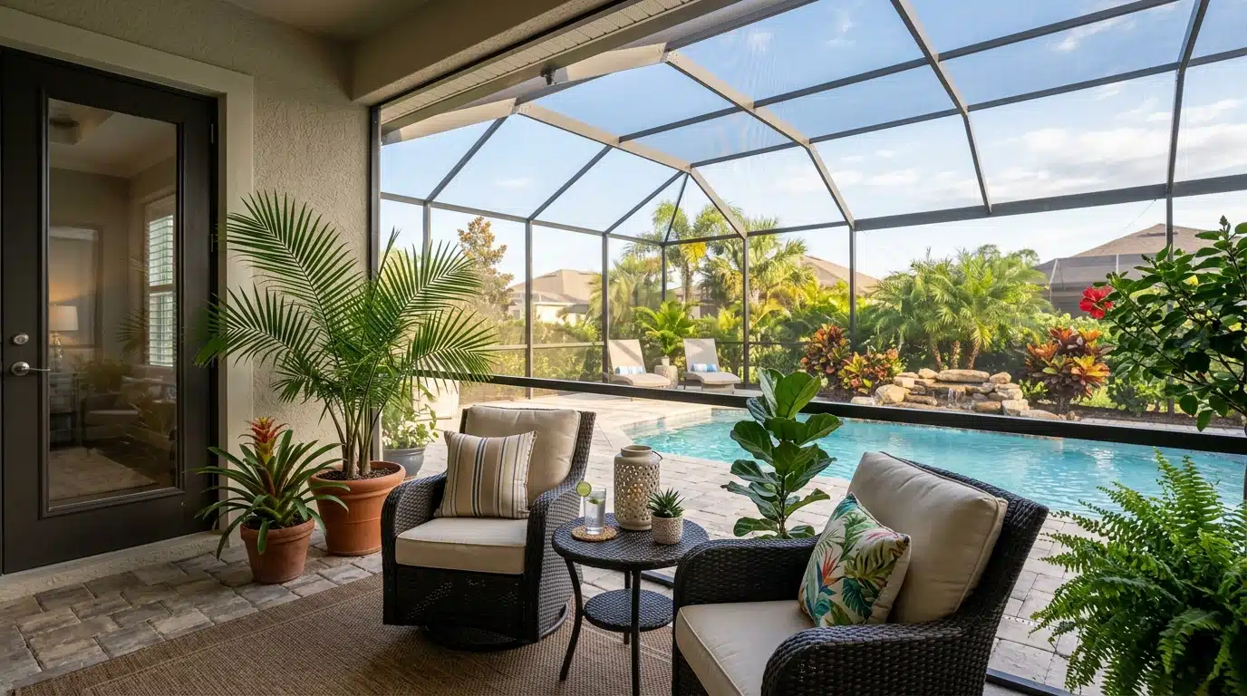 Staged Florida lanai with outdoor seating clean screen enclosure and sparkling pool ready for home showings