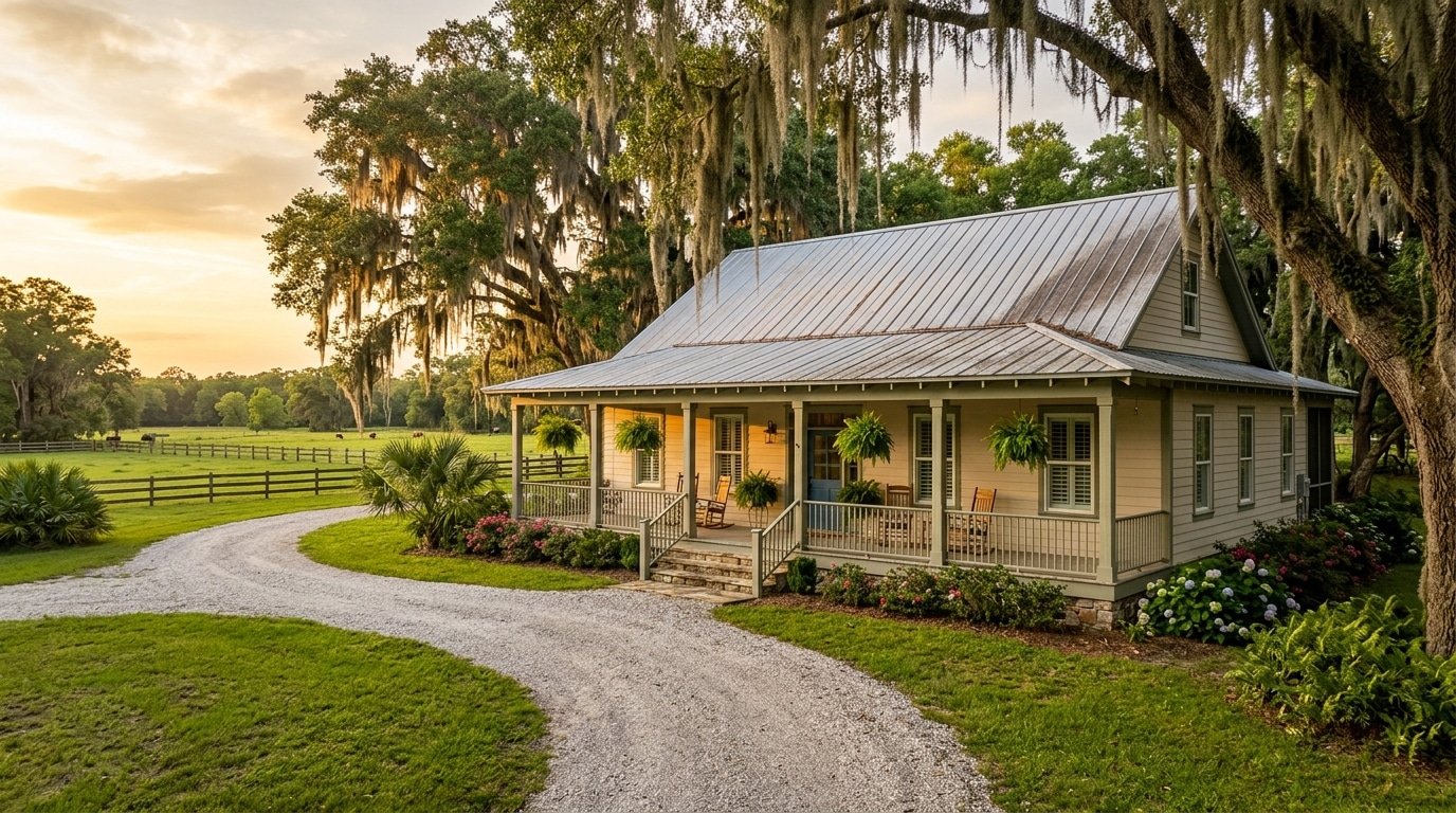 Single-story rural Florida home with metal roof wide porch oak trees and open pasture at golden hour