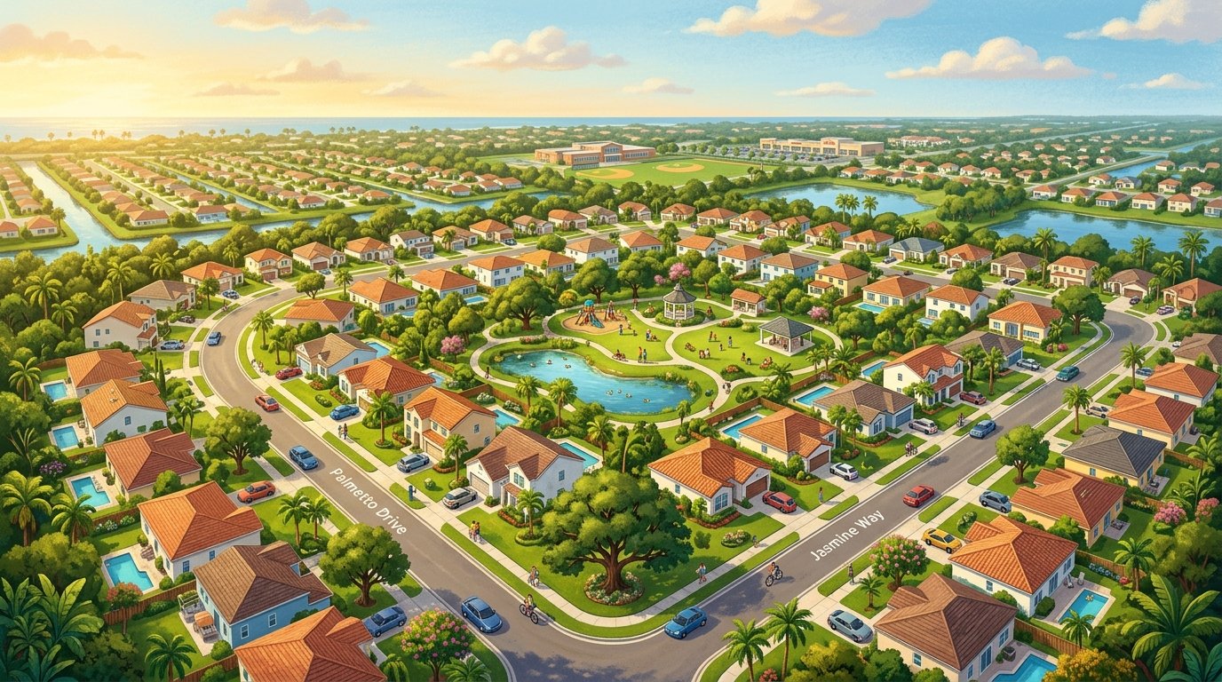 Aerial view of a family-friendly neighborhood in Alachua County FL