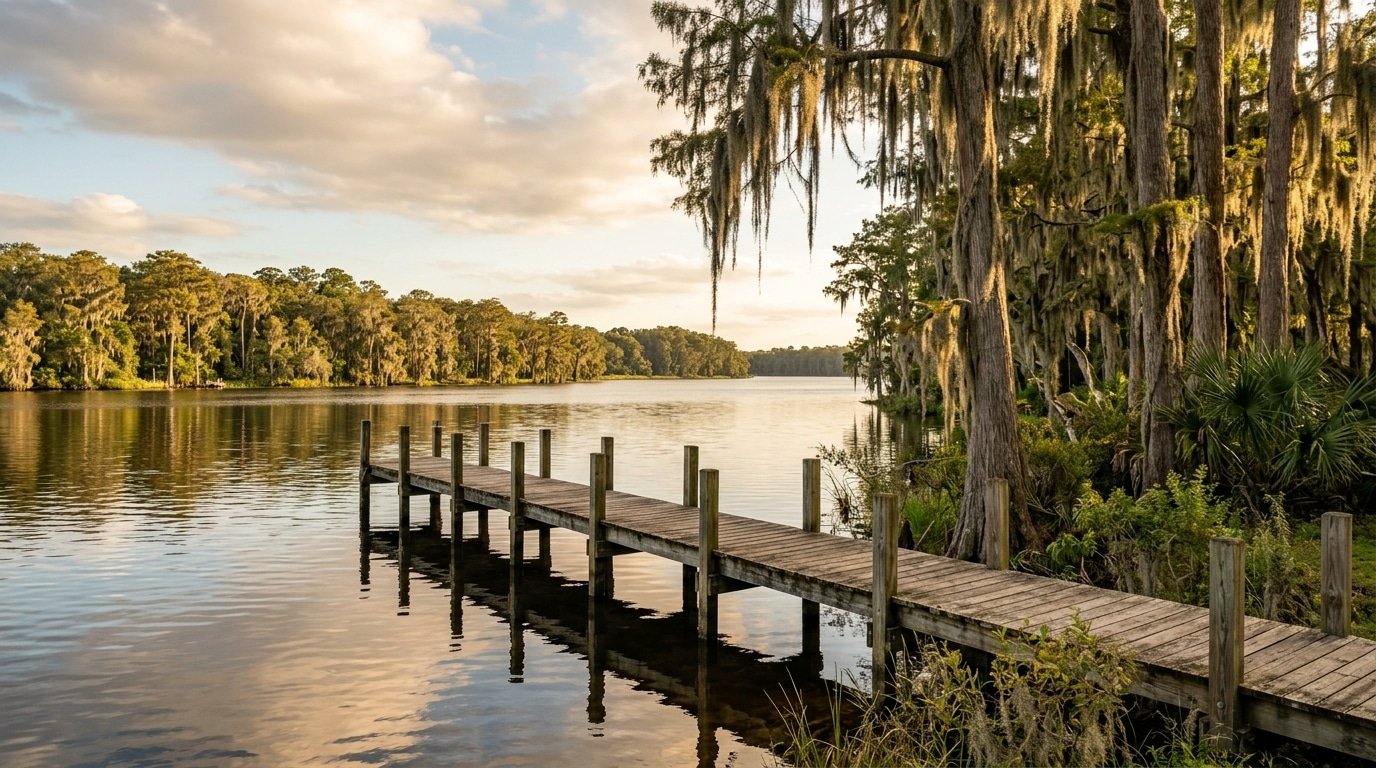 Peaceful St. Johns River waterfront with wooden dock and cypress trees in rural Putnam County Florida