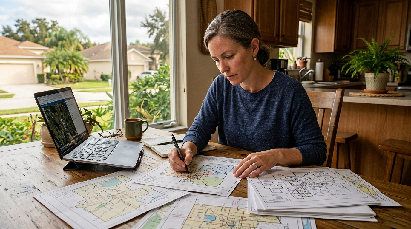 Woman researching Florida counties on a laptop with printed maps while planning a relocation from out of state