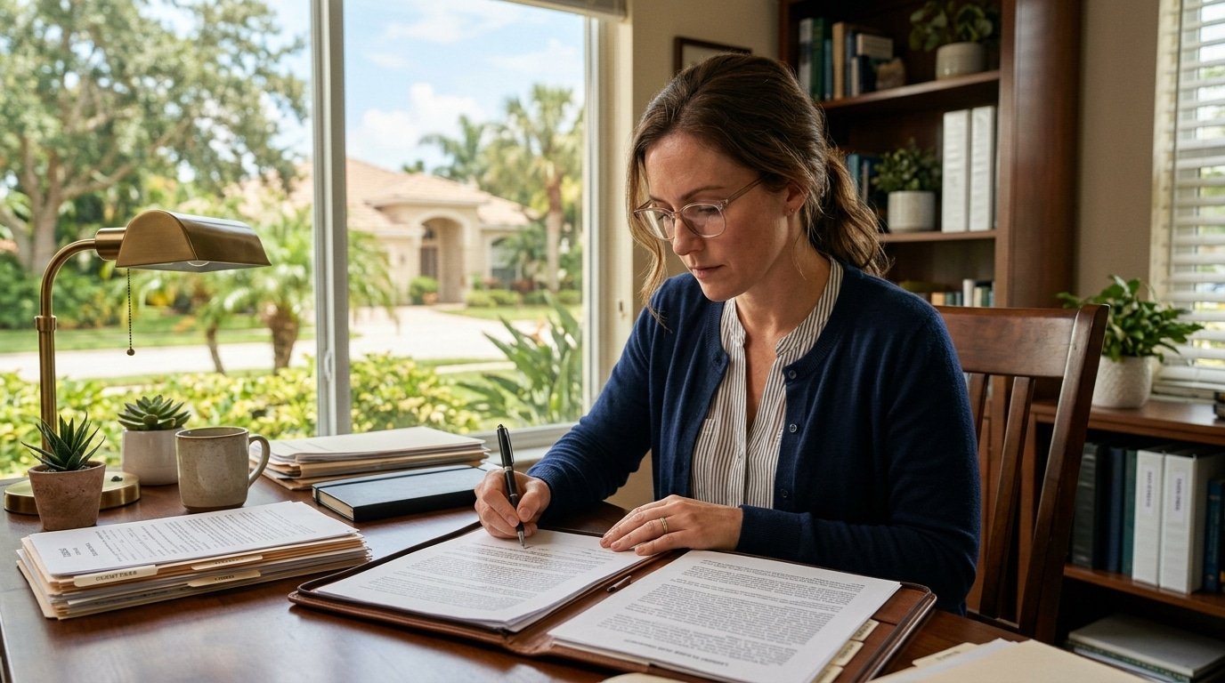 Florida home seller completing required property disclosure documents at a desk before listing the home