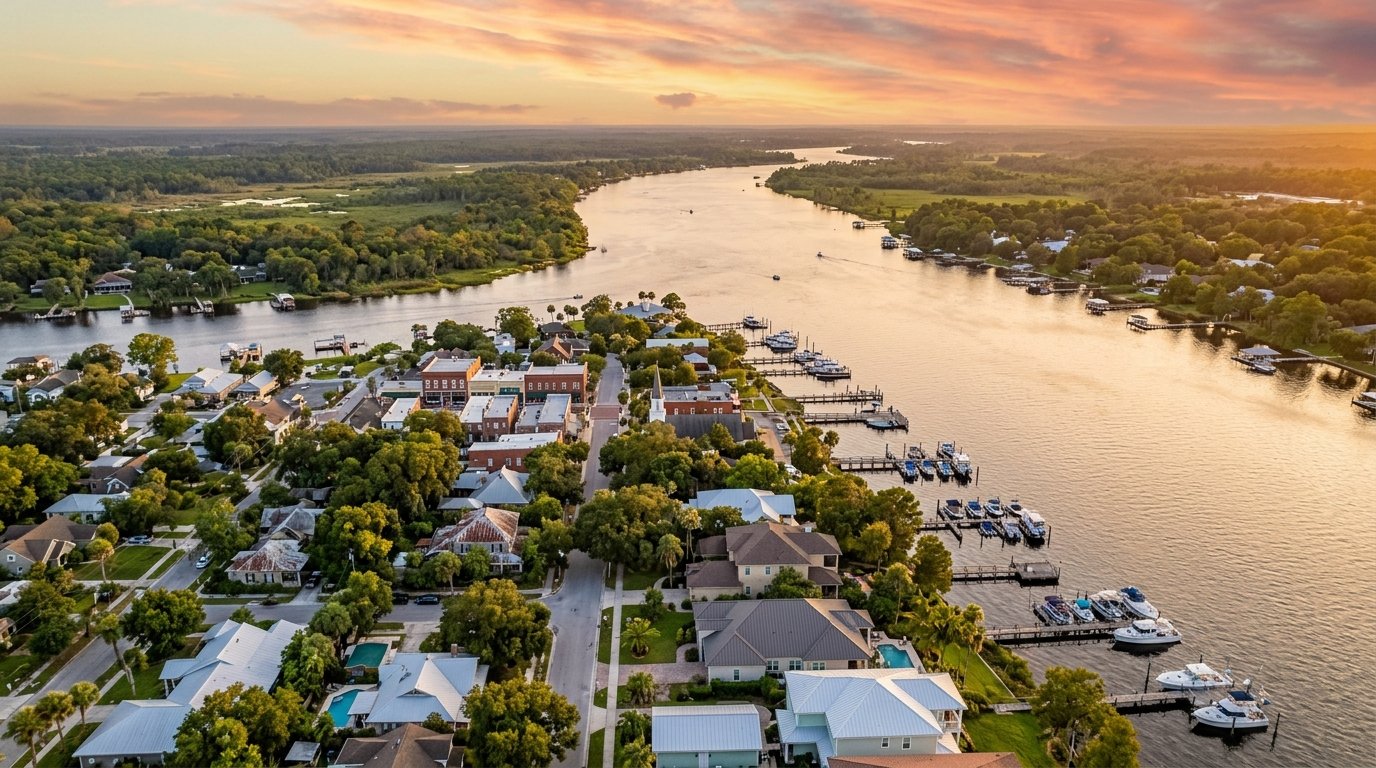 Aerial view of a riverside Florida town showing a mix of established and new homes along the waterfront