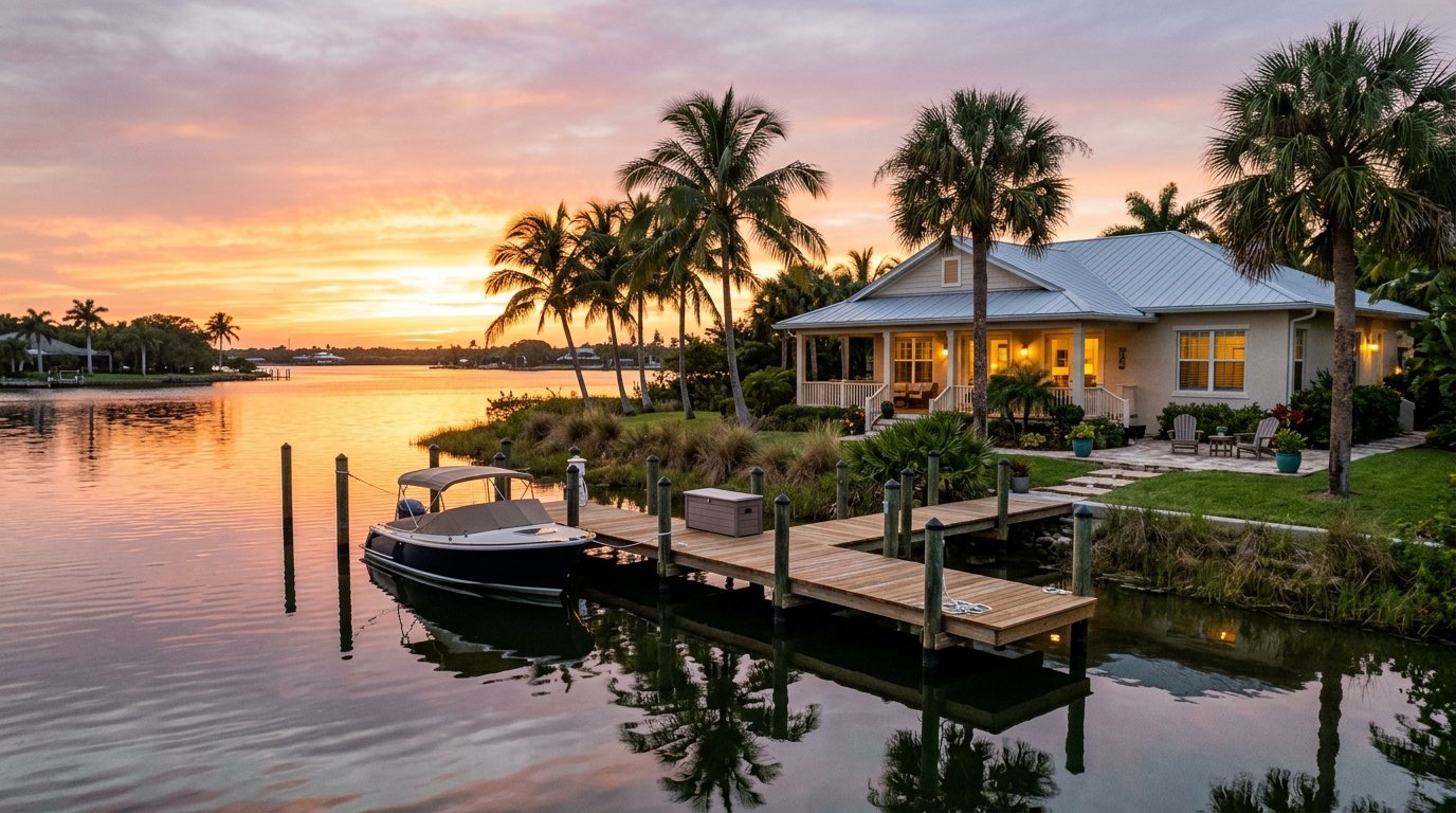Waterfront home for sale in St. Johns County FL with private dock at sunset