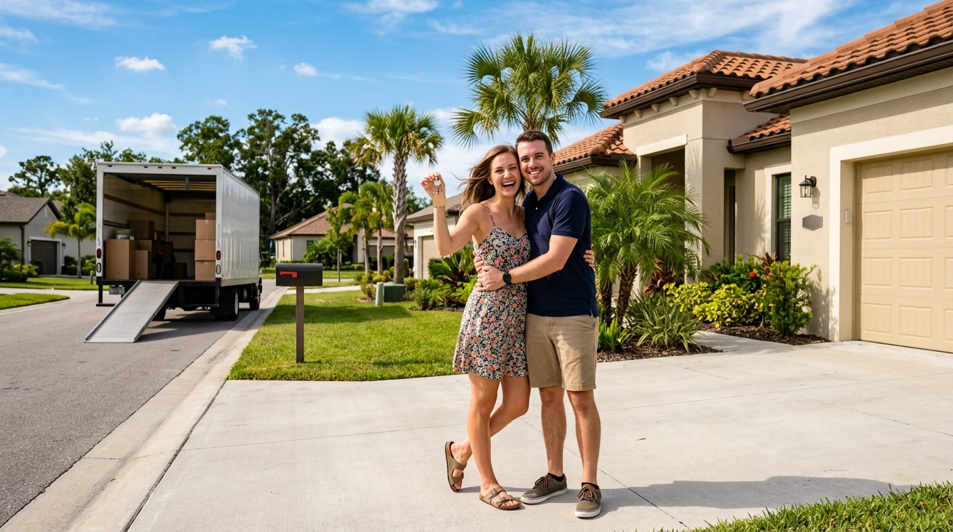 couple moving from New York to Florida in front of new home