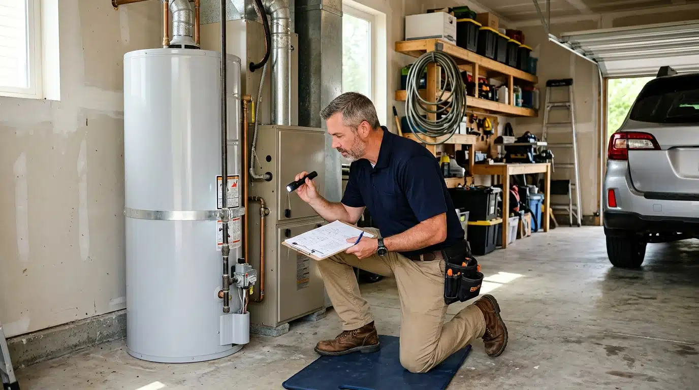 Inspector reviewing systems in a foreclosure property