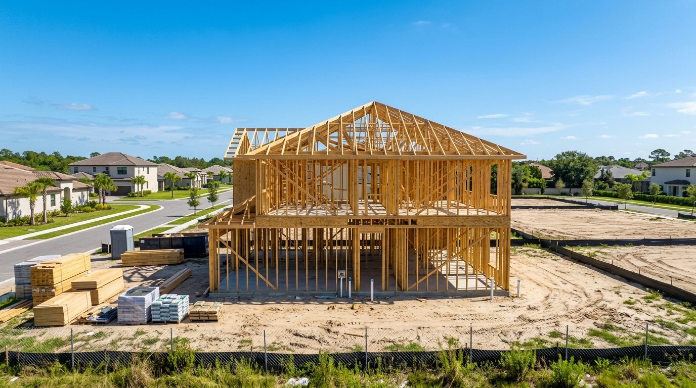 New single-family home under construction in a growing Florida suburban neighborhood