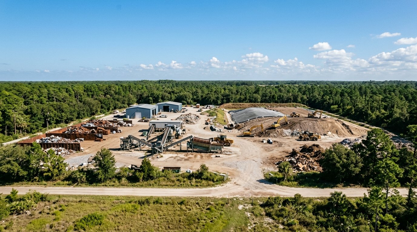 Industrial waste processing facility surrounded by green Florida landscape