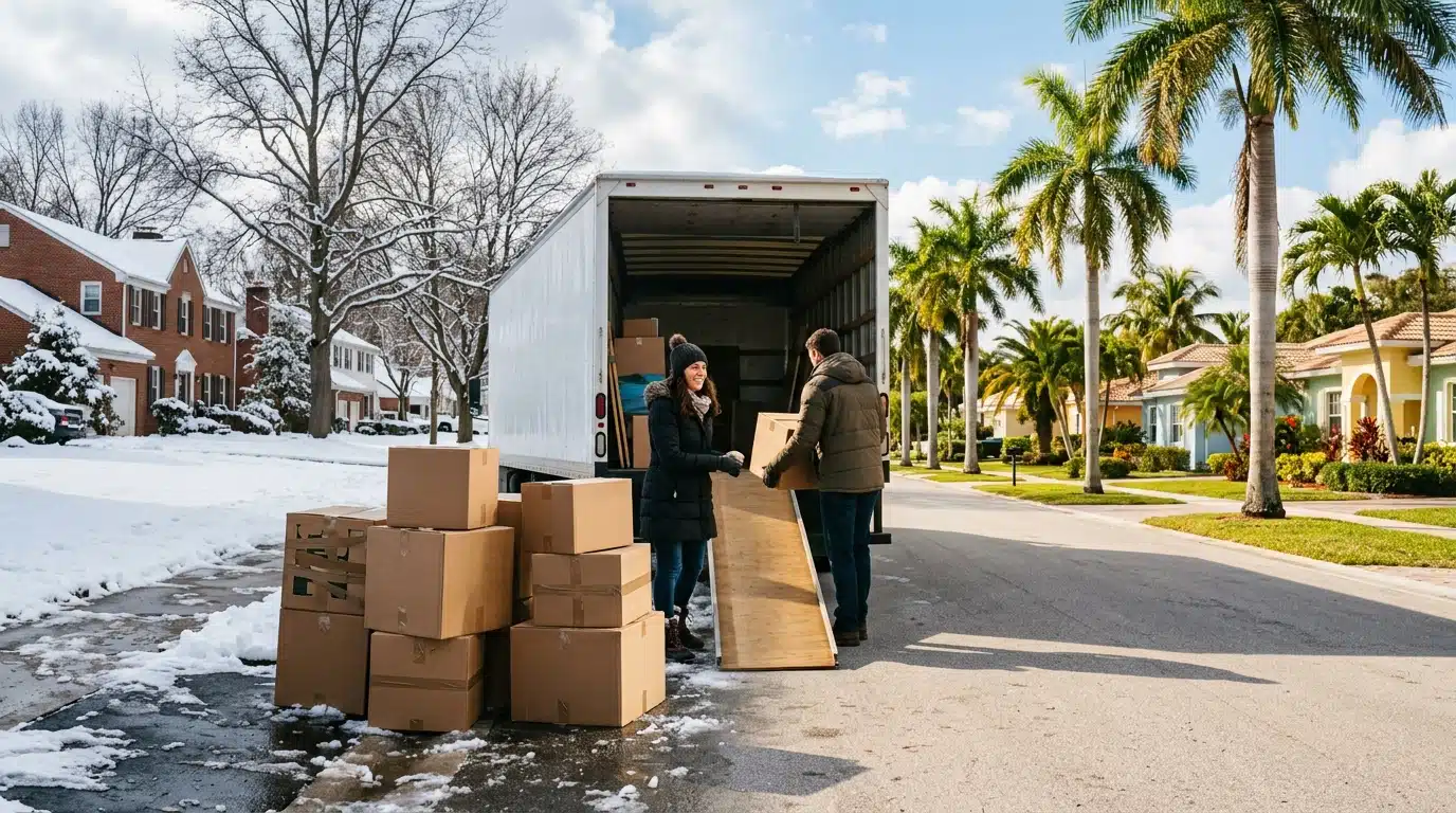 moving from New York to Florida moving truck and boxes