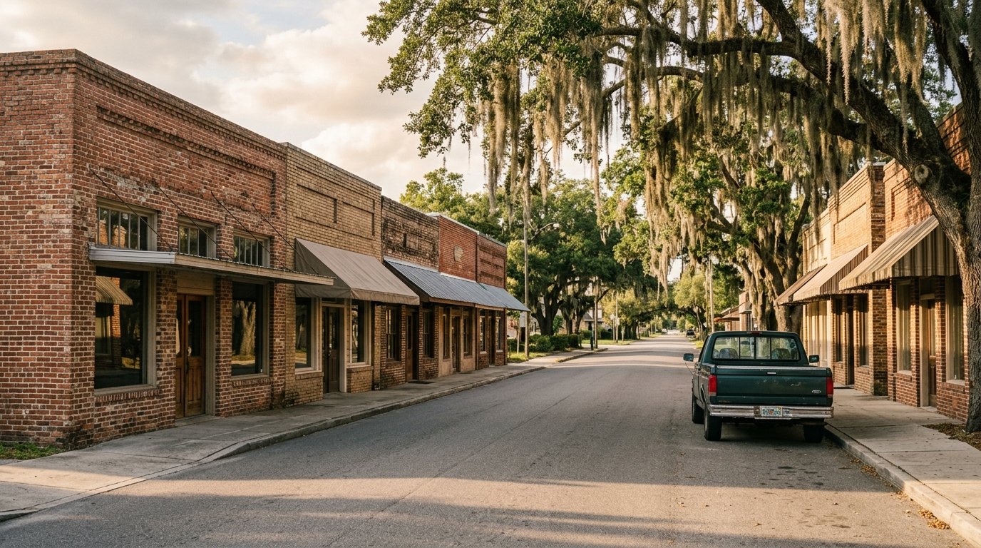 Quiet small-town Florida main street lined with brick storefronts and oak trees