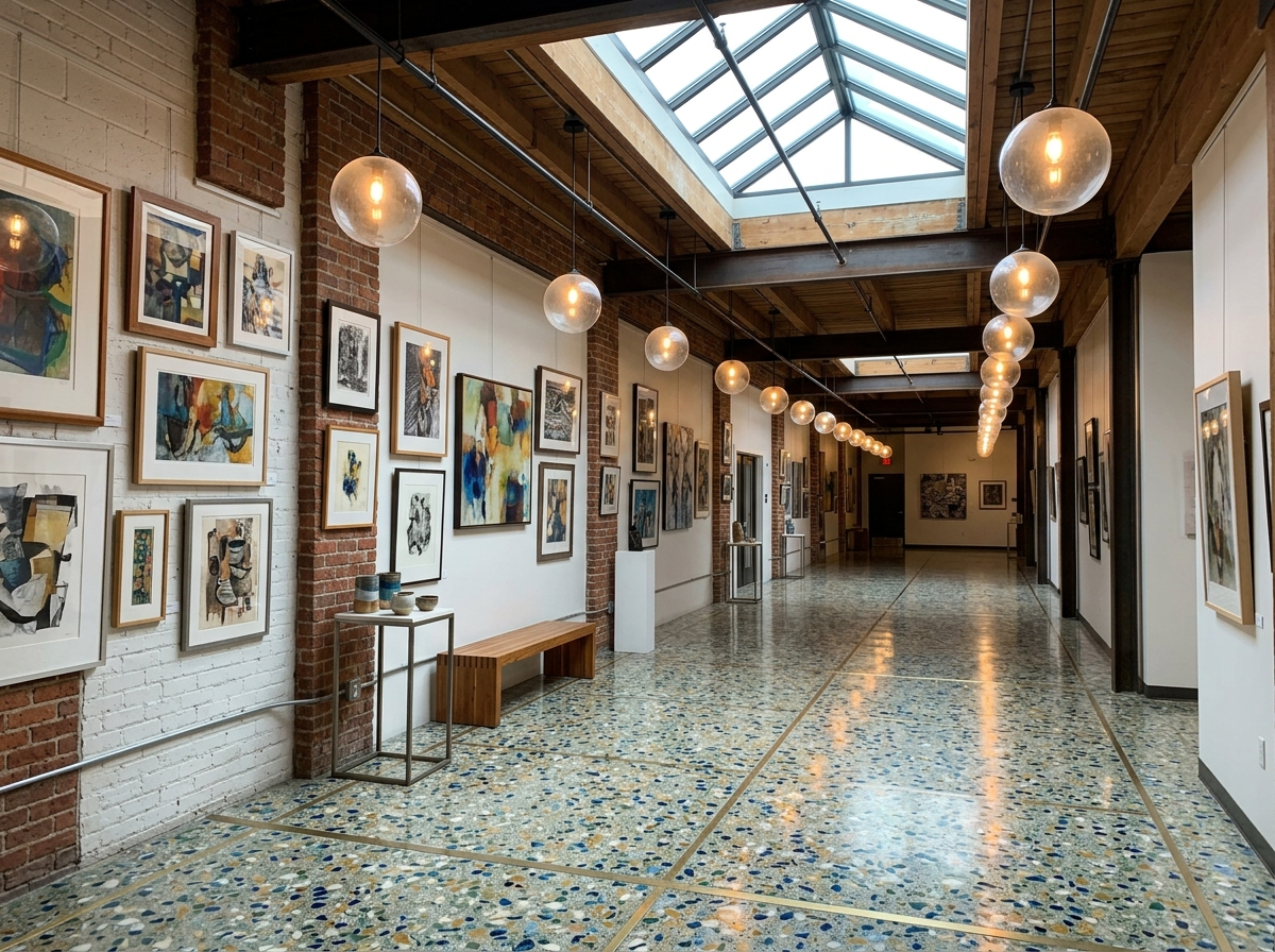 Art Deco interior details inside a 1929 former library, terrazzo floor and suspended globe lights over framed artwork
