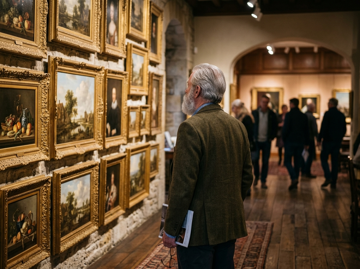 Older man with silver beard viewed from behind studying framed paintings on a gallery wall during an art reception